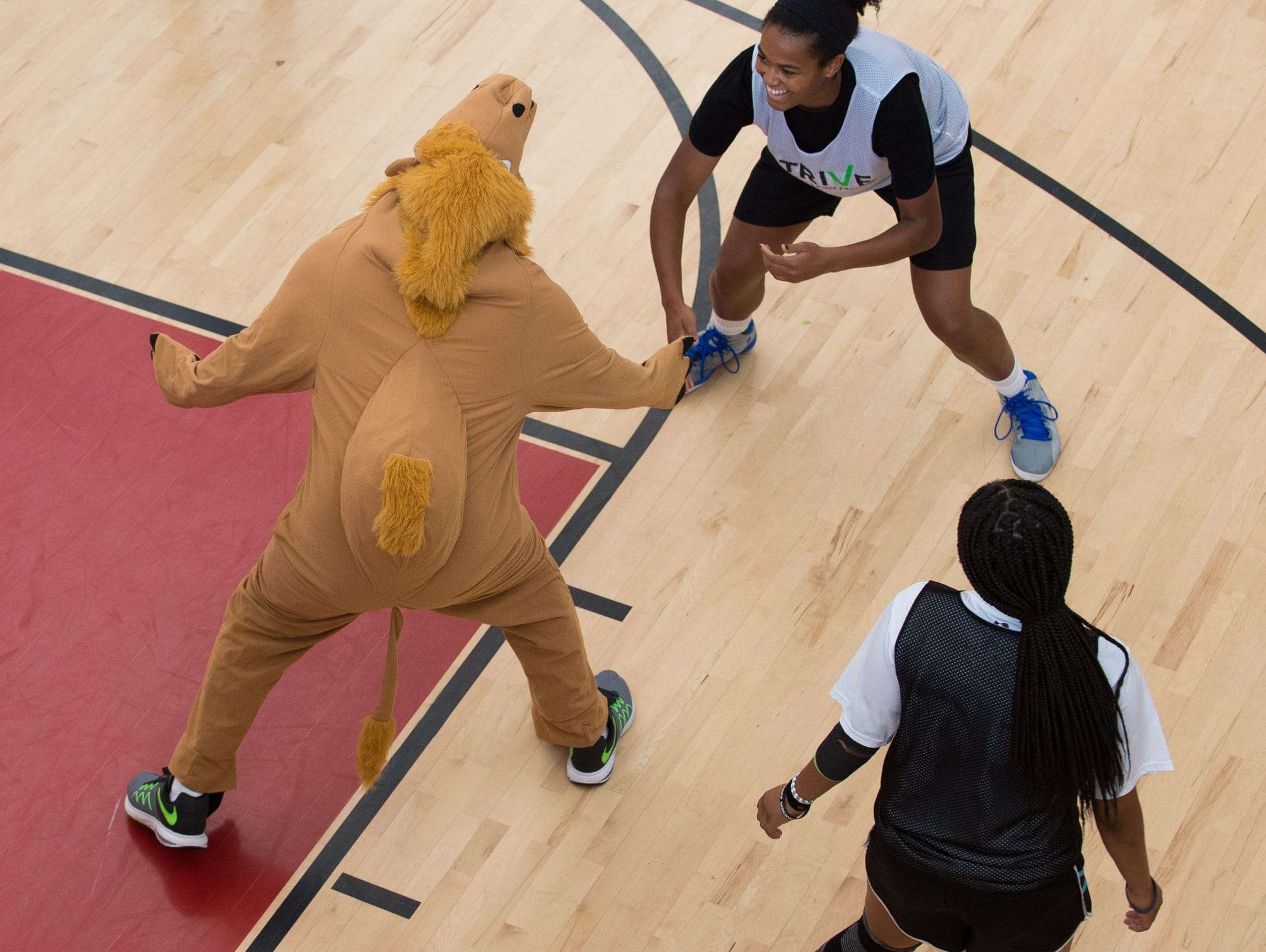 Jeremy Edwards, co-founder of Strive, plays basketball dressed as camel at St. Andrew's School in Middletown, Del,.