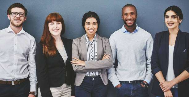 Group of people waiting in line against a blue background